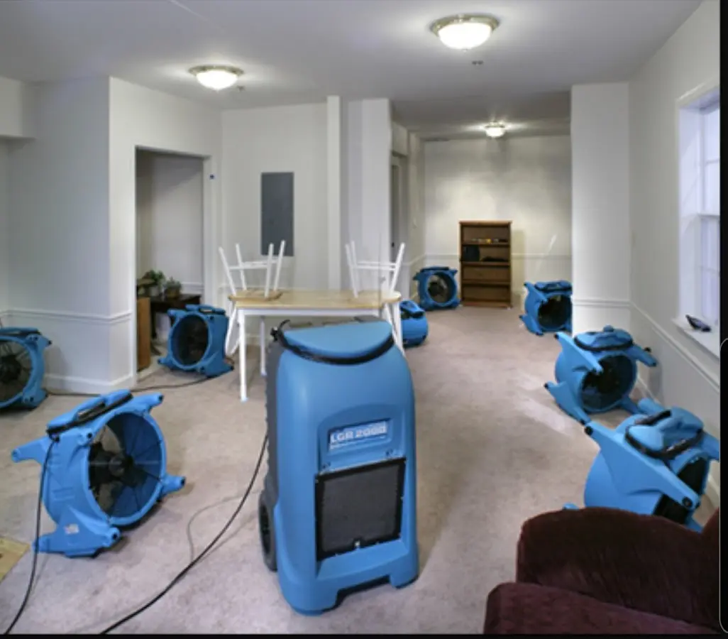 Air movers and dehumidifier setup for Water Extraction & Removal in Mayo
